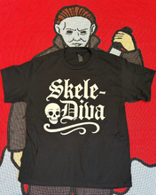 Load image into Gallery viewer, Black t-shirt with &#39;Skele-Diva&#39; design on a red background
