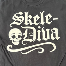 Load image into Gallery viewer, Black t-shirt with &#39;Skele-Diva&#39; design featuring a skull on a plain background
